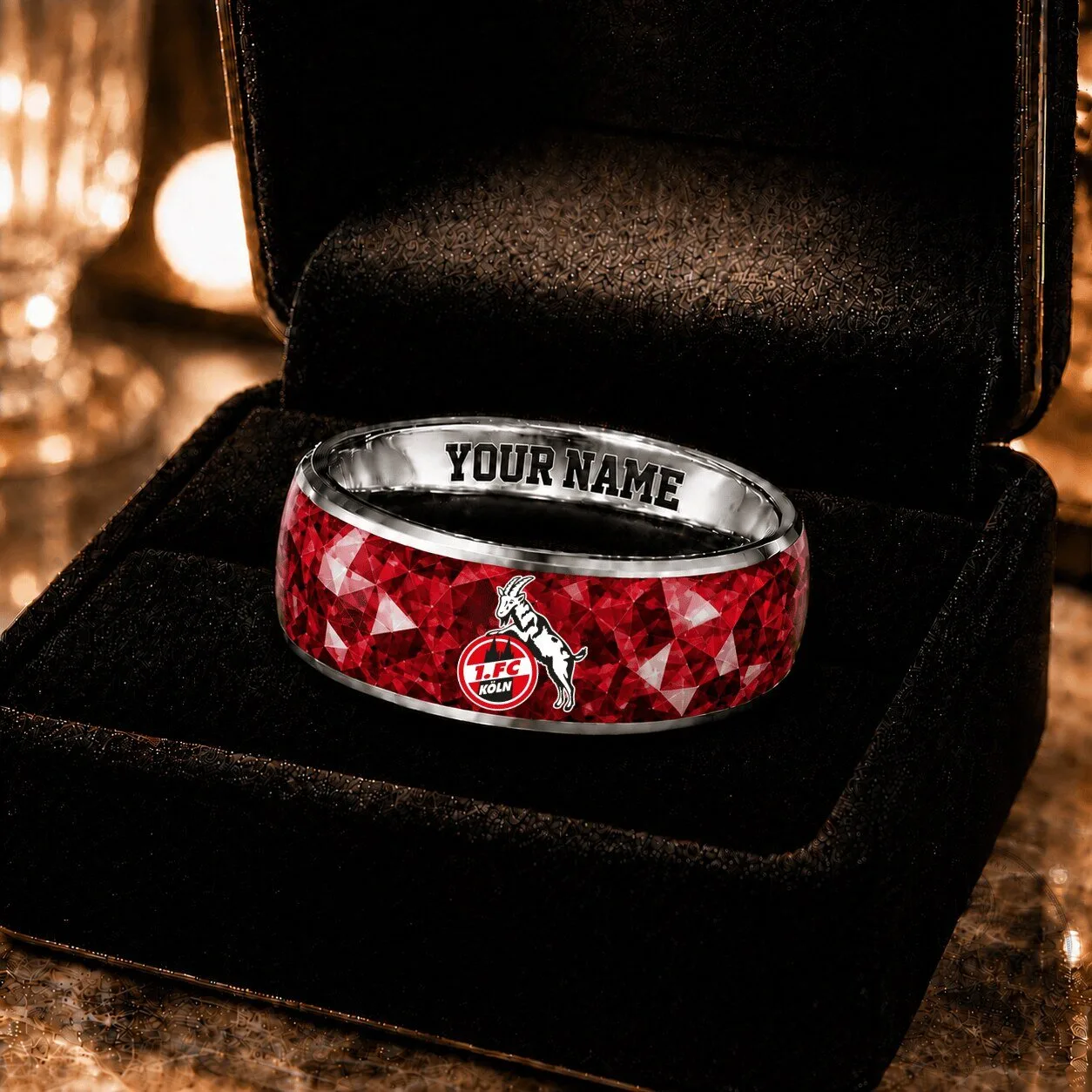 FC Koln Bundesliga Red Gemstone Custom Name Ring for Football Fans