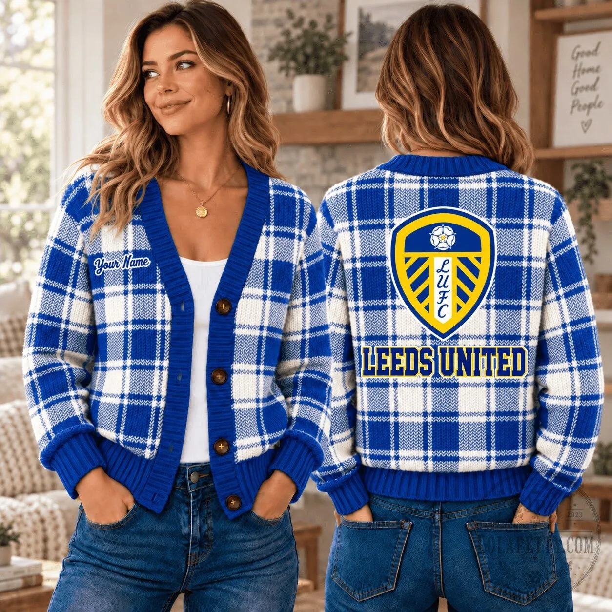 Leeds United Football Club Plaid Knit Cardigan Sweater