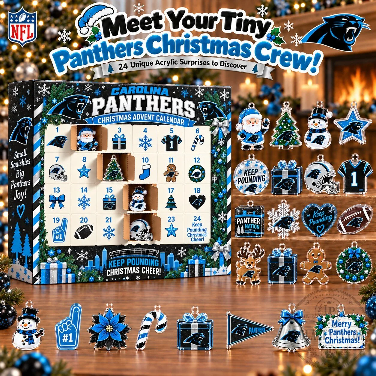Carolina Panthers Christmas Advent Calendar with 24 Acrylic Ornaments and Figurines