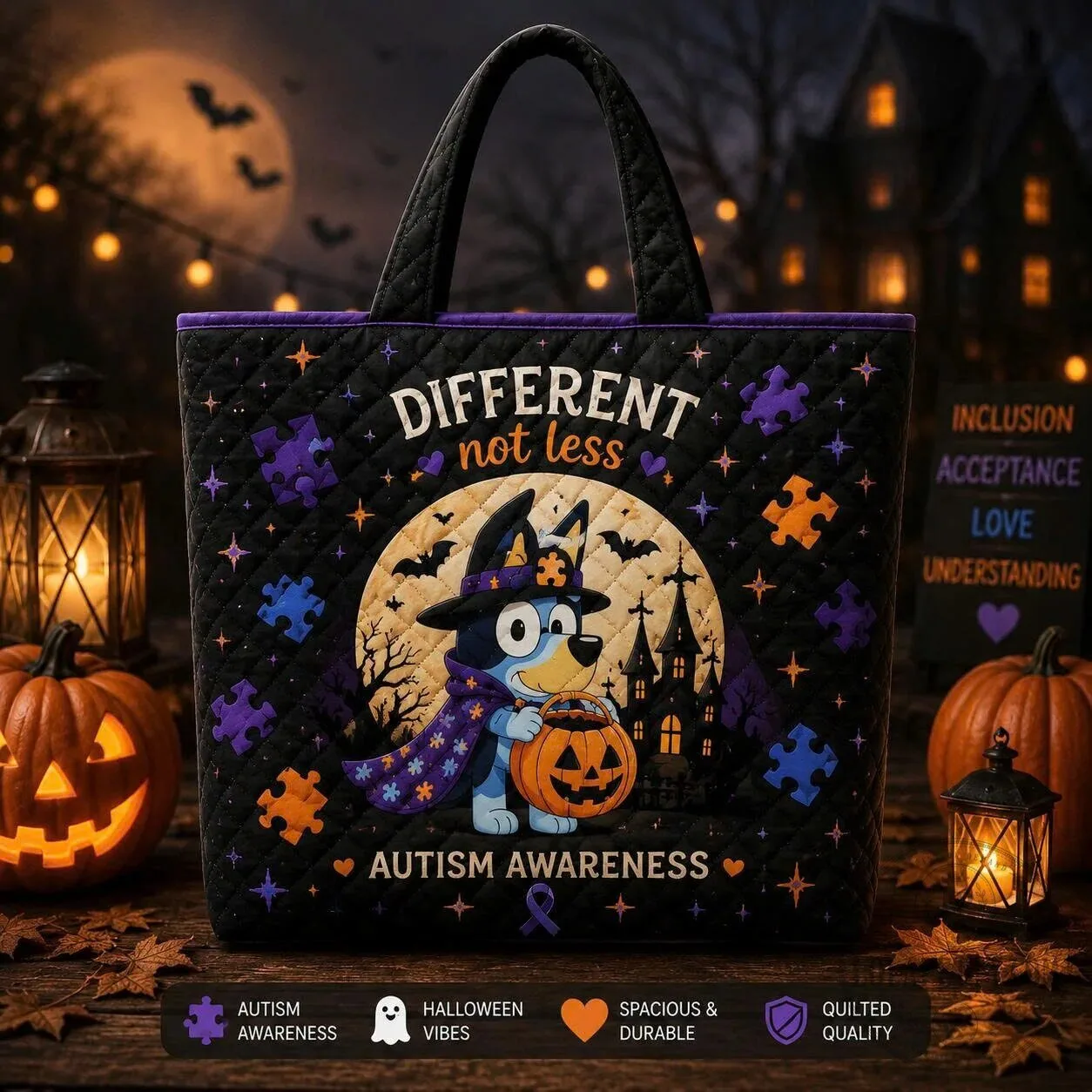 Bluey Halloween Autism Awareness Different Not Less Quilted Tote Bag 4 Bluey Halloween Autism Awareness Different Not Less Quilted Tote Bag