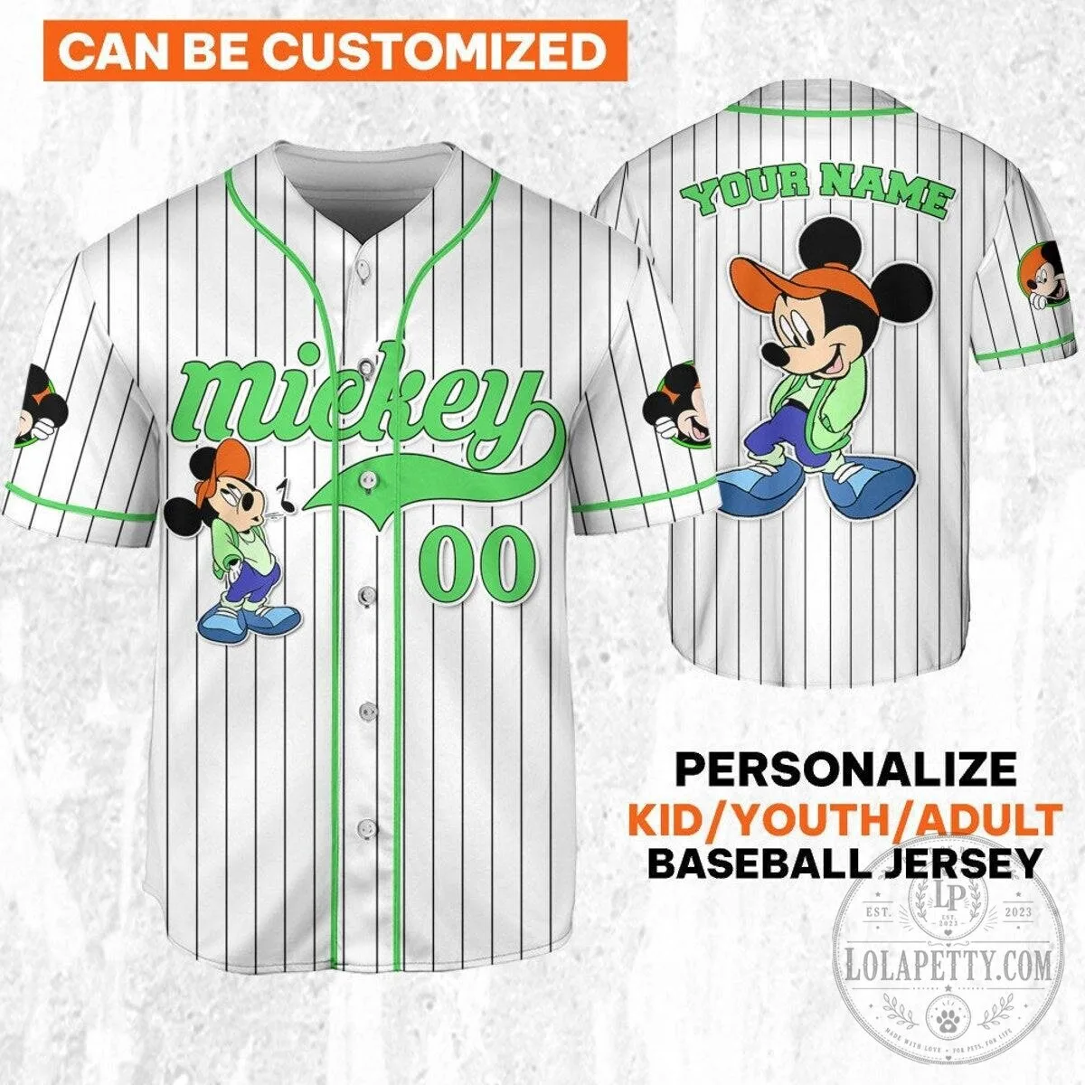 Personalized Disney Mickey Mouse Young White Green Pinstripe Baseball Jersey
