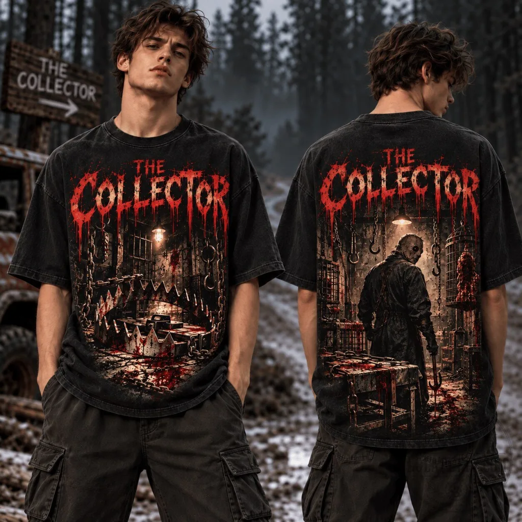 Graphic T-Shirt Featuring The Collector Horror Movie's Masked Killer Slasher Design Graphic T-Shirt Featuring The Collector Horror Movie's Masked Killer Slasher Design