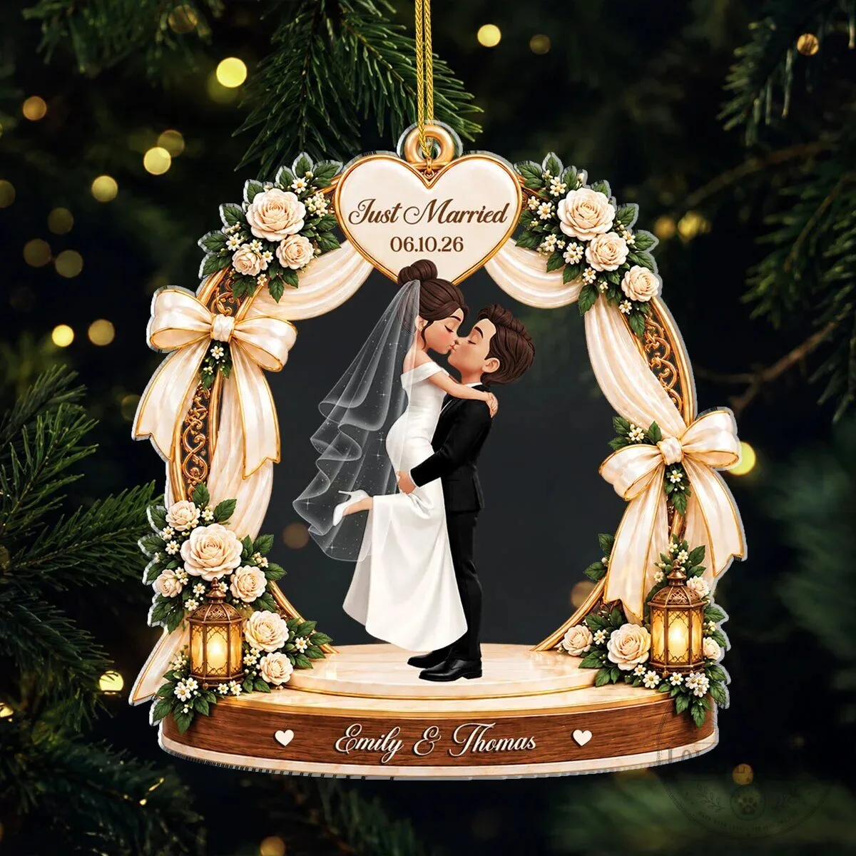 Just Married Couple Personalized Wedding Date and Names Christmas Tree Ornament