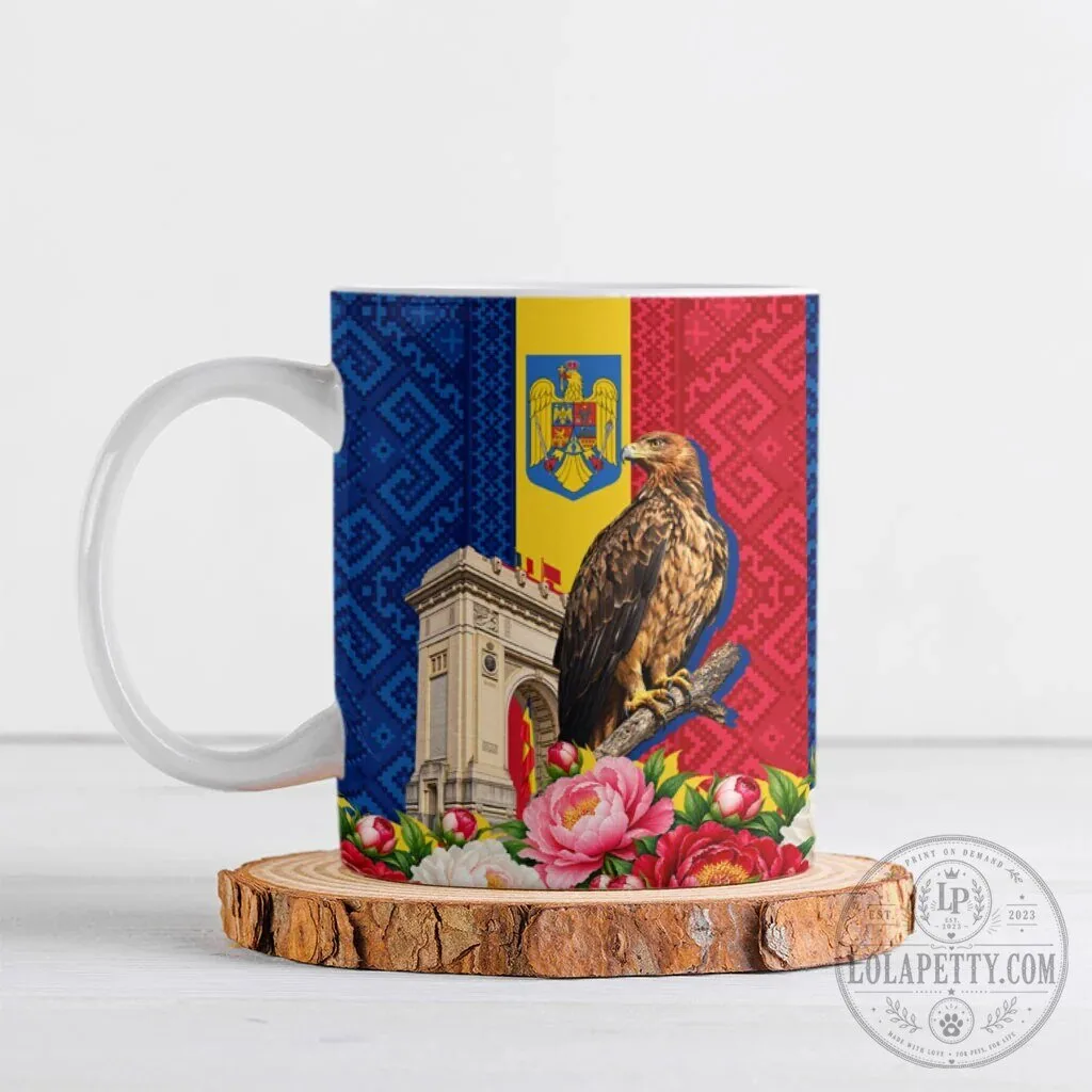 Romania Flag Eagle Arcul de Triumf Floral Peony Pattern Ceramic Mug
