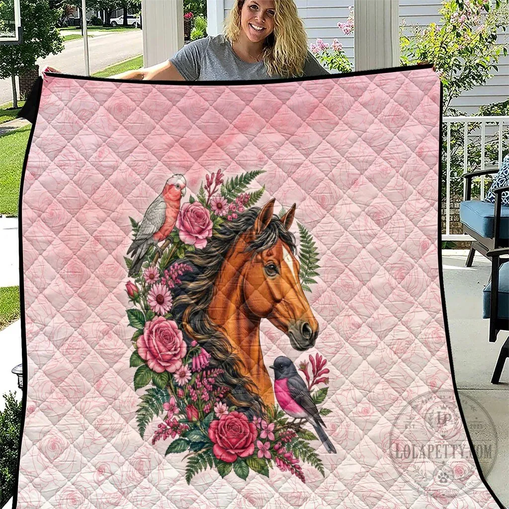 Beautiful Horse and Pink Rose Wreath Floral Design Quilted Blanket