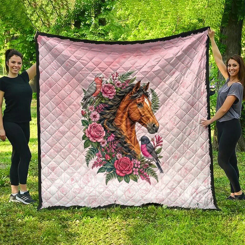 Beautiful Horse and Pink Rose Wreath Floral Design Quilted Blanket 13 Beautiful Horse and Pink Rose Wreath Floral Design Quilted Blanket