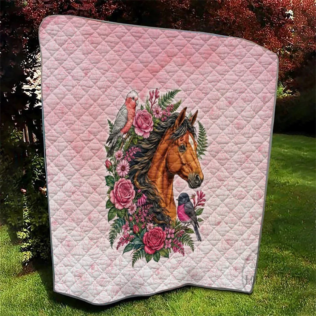 Beautiful Horse and Pink Rose Wreath Floral Design Quilted Blanket 14 Beautiful Horse and Pink Rose Wreath Floral Design Quilted Blanket