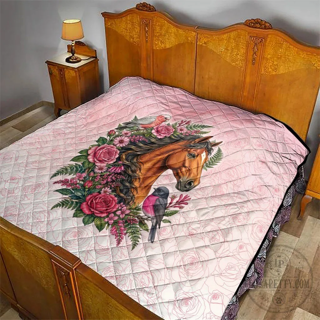 Beautiful Horse and Pink Rose Wreath Floral Design Quilted Blanket 15 Beautiful Horse and Pink Rose Wreath Floral Design Quilted Blanket