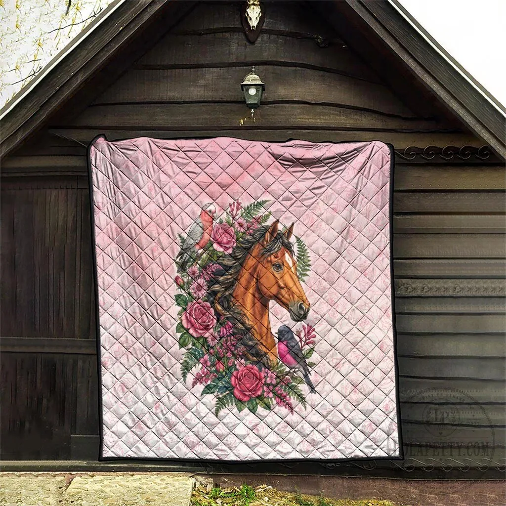 Beautiful Horse and Pink Rose Wreath Floral Design Quilted Blanket 16 Beautiful Horse and Pink Rose Wreath Floral Design Quilted Blanket