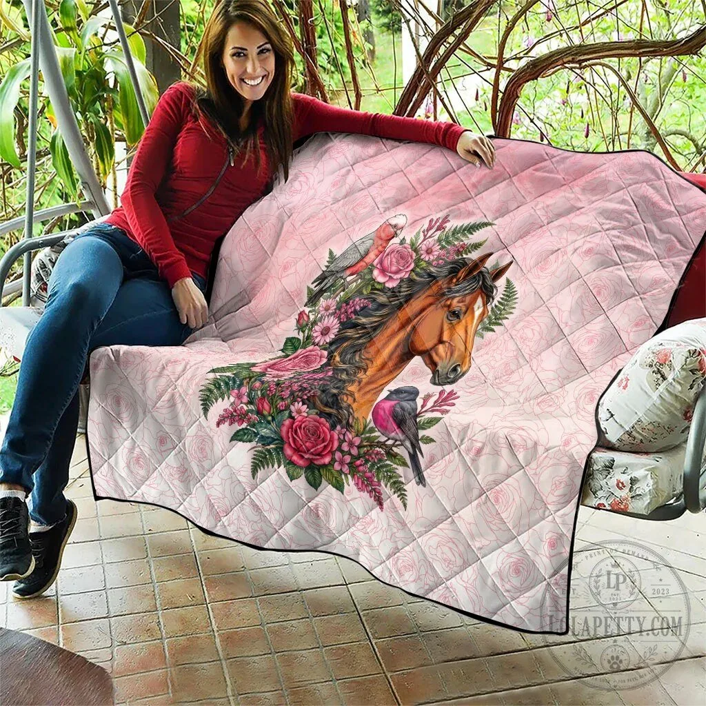 Beautiful Horse and Pink Rose Wreath Floral Design Quilted Blanket 17 Beautiful Horse and Pink Rose Wreath Floral Design Quilted Blanket
