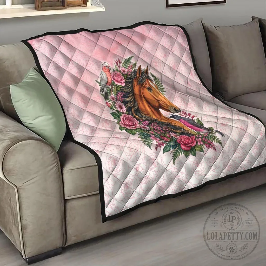Beautiful Horse and Pink Rose Wreath Floral Design Quilted Blanket 18 Beautiful Horse and Pink Rose Wreath Floral Design Quilted Blanket