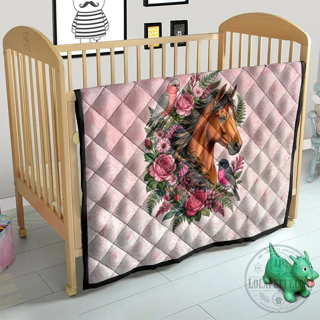 Beautiful Horse and Pink Rose Wreath Floral Design Quilted Blanket 19 Beautiful Horse and Pink Rose Wreath Floral Design Quilted Blanket
