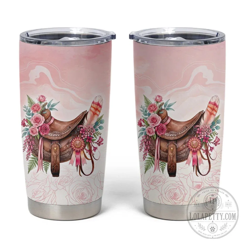 Western Floral Saddle Pink Rose Flowers Tumbler Cup for Cowgirl Horse Lovers