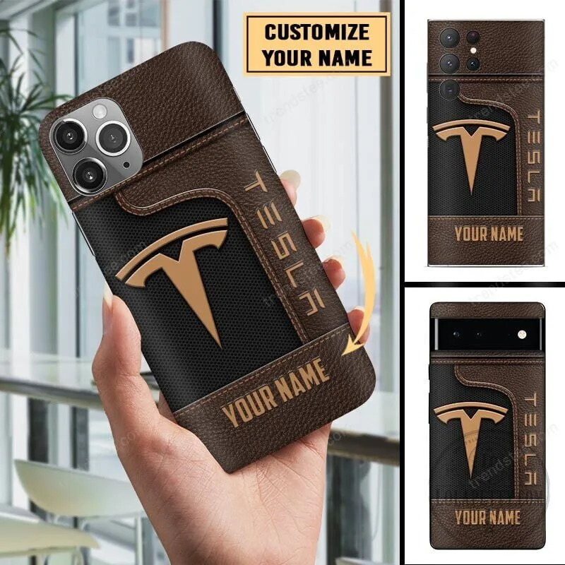 Tesla Custom Name Brown Leather Design Phone Case for All Phone Models