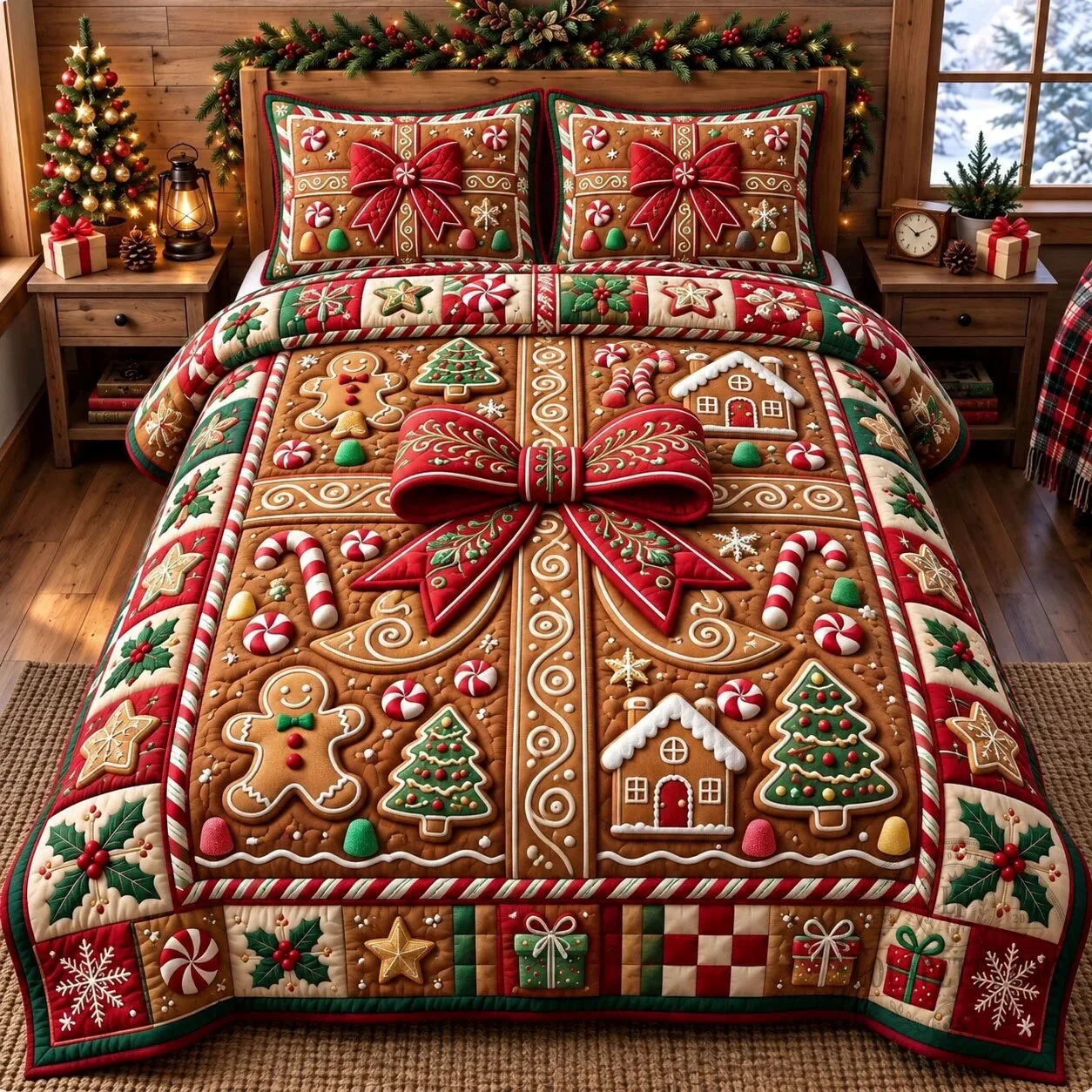Gingerbread Christmas Cookie Quilted Bedding Set with Festive Bow Design