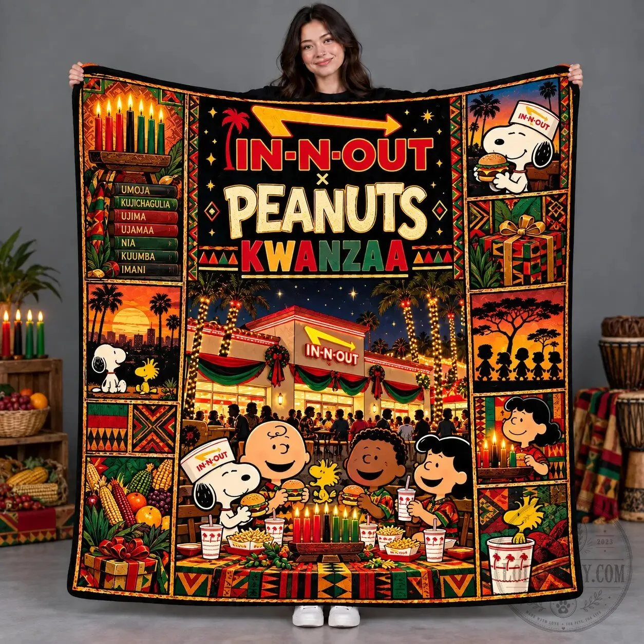 In-N-Out Peanuts Kwanzaa Celebration Fleece Blanket 1 In-N-Out Peanuts Kwanzaa Celebration Fleece Blanket