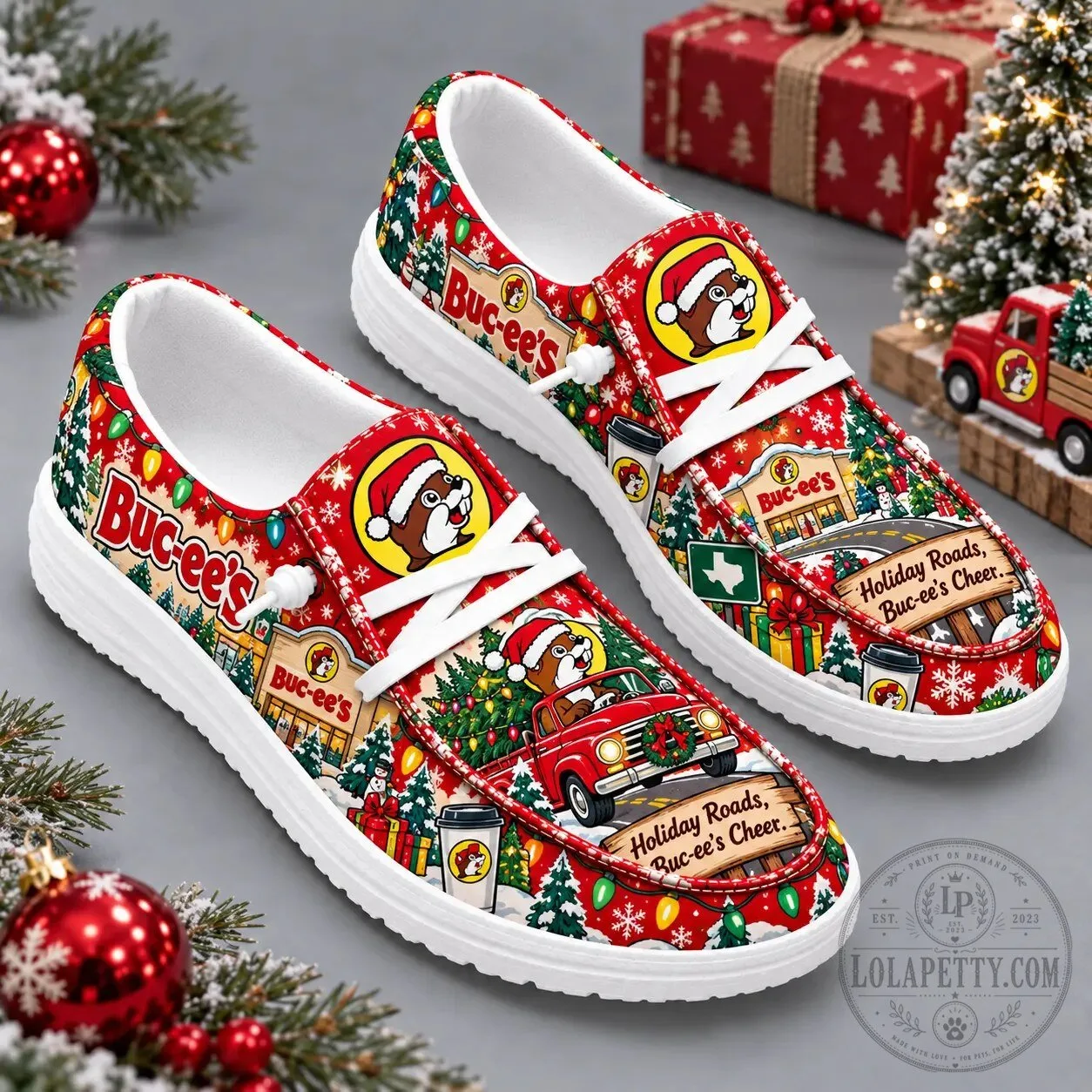 Buc-ee's Christmas Holiday Roads Beaver Truck Print Canvas Loafer Shoes