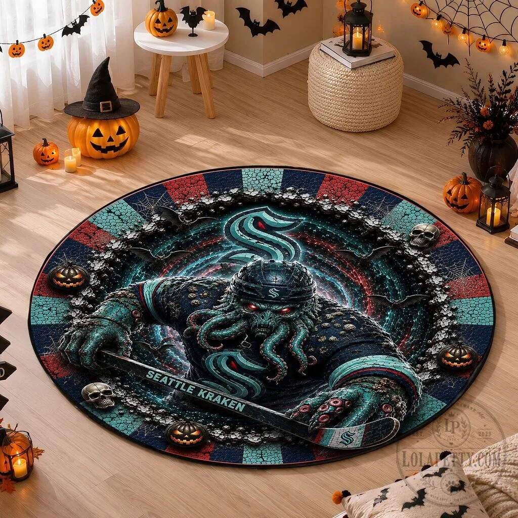 Seattle Kraken Hockey Player Octopus Halloween Round Area Rug