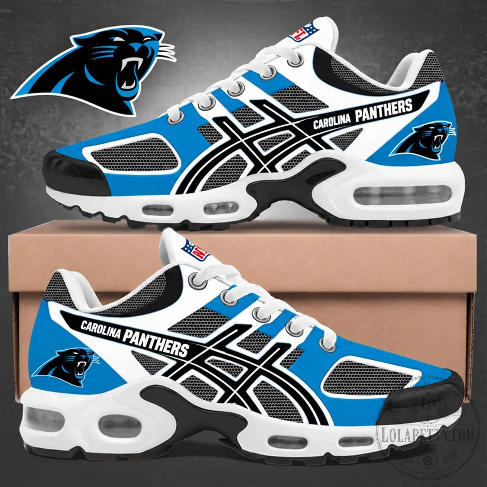 Carolina Panthers NFL Football Team Logo Blue and Black Athletic Shoes 1 Carolina Panthers NFL Football Team Logo Blue and Black Athletic Shoes