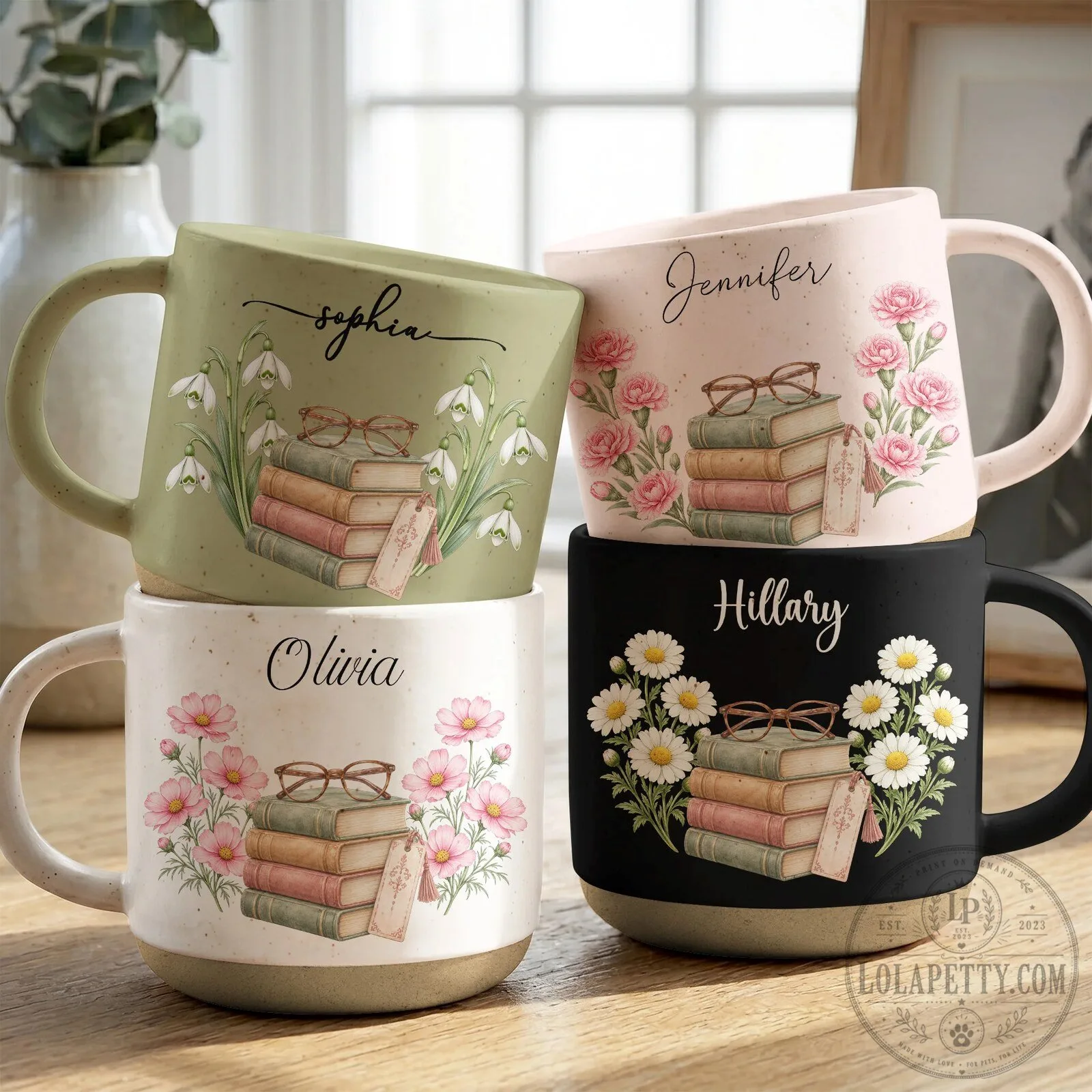 Personalized Birth Flower and Book Lover Mug with Custom Name, Book Club Gift for Her