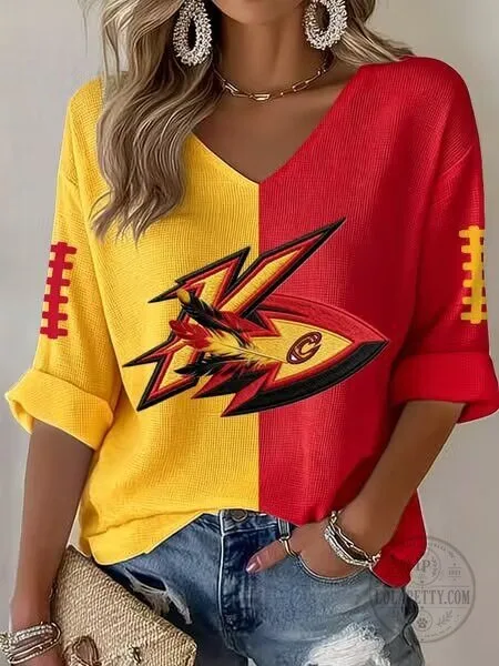 Arizona Coyotes Red Gold Split Color V-Neck Casual Women's T-Shirt
