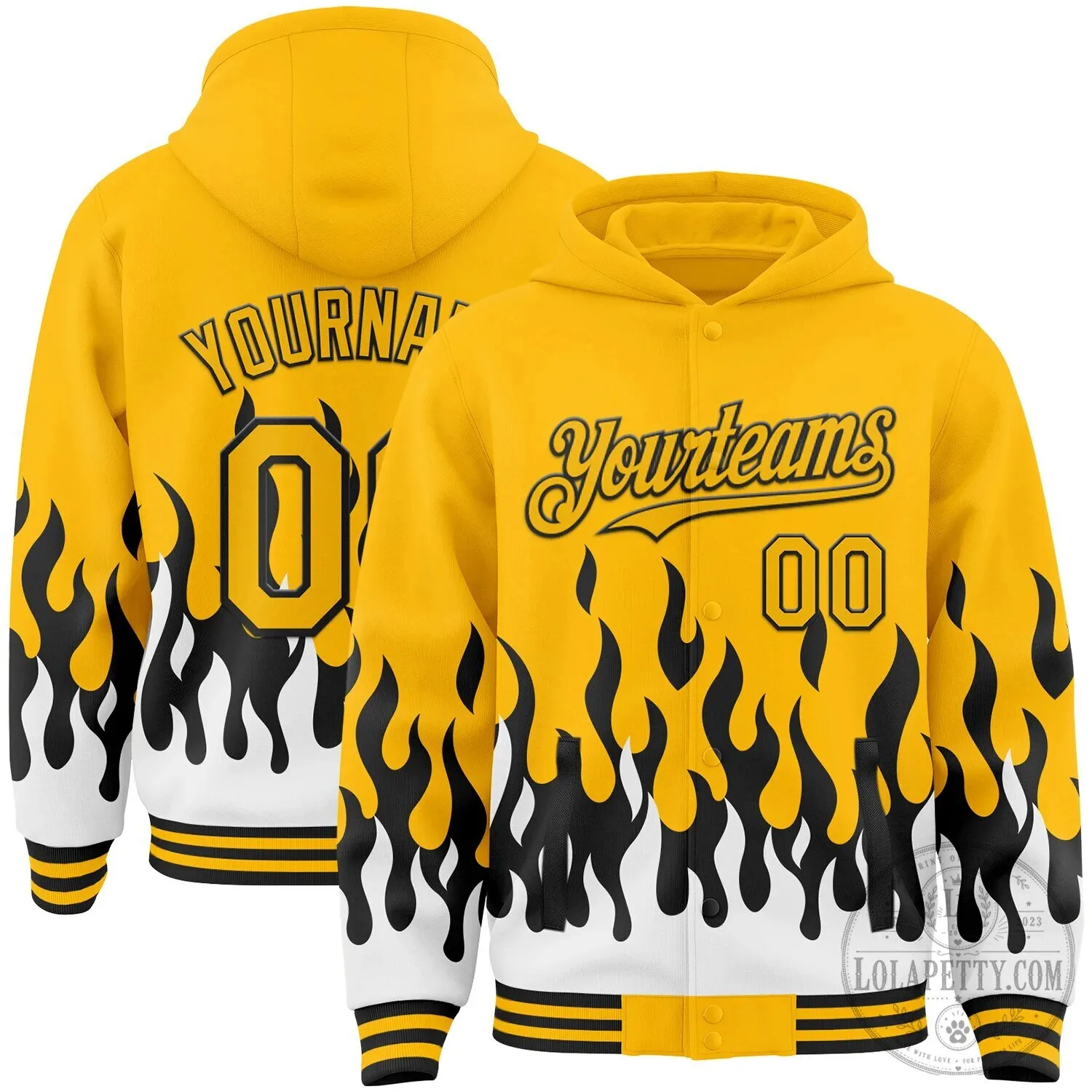 Custom Gold Black White Fire Flame Full-Snap Varsity Letterman Hoodie Jacket
