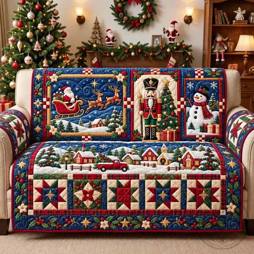 Christmas Story Panels Quilted Sofa Cover with Santa Claus and Nutcracker Design Christmas Story Panels Quilted Sofa Cover with Santa Claus and Nutcracker Design