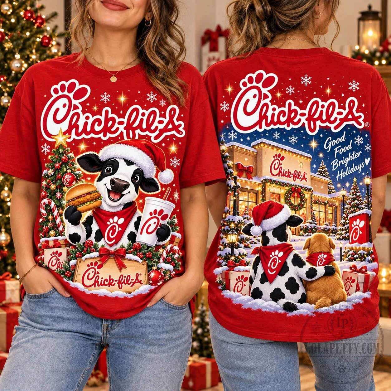 Chick-fil-A Christmas Cow Eating Burger and Drink Holiday T-Shirt