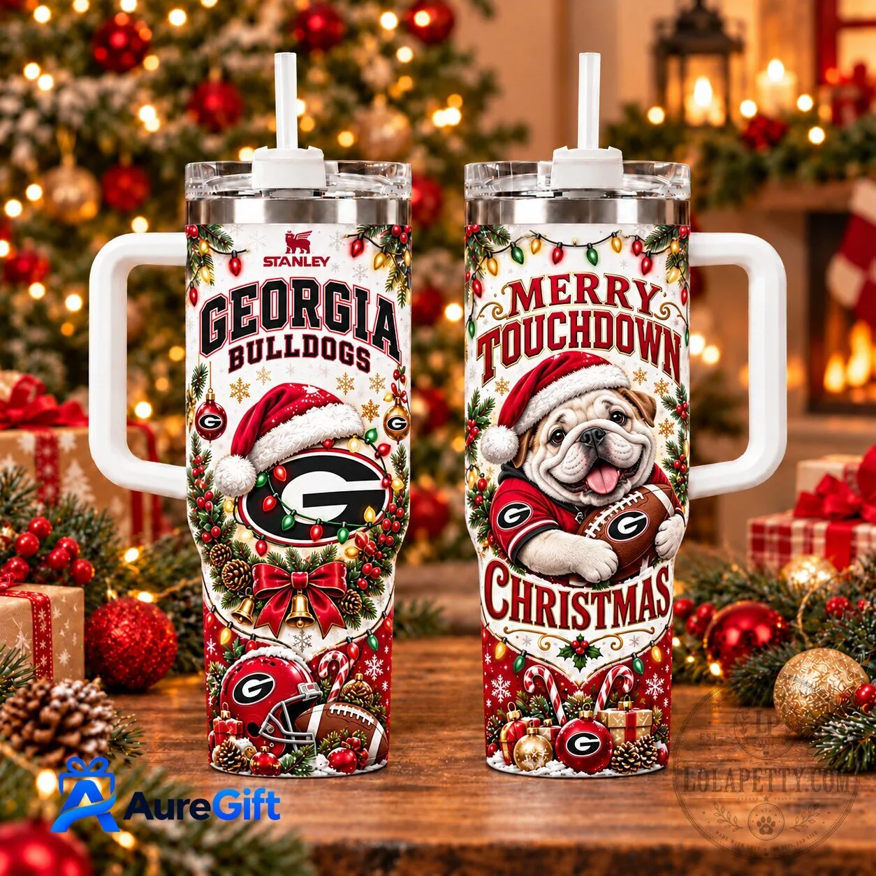 Georgia Bulldogs Merry Touchdown Christmas Stanley 40oz Tumbler with Handle