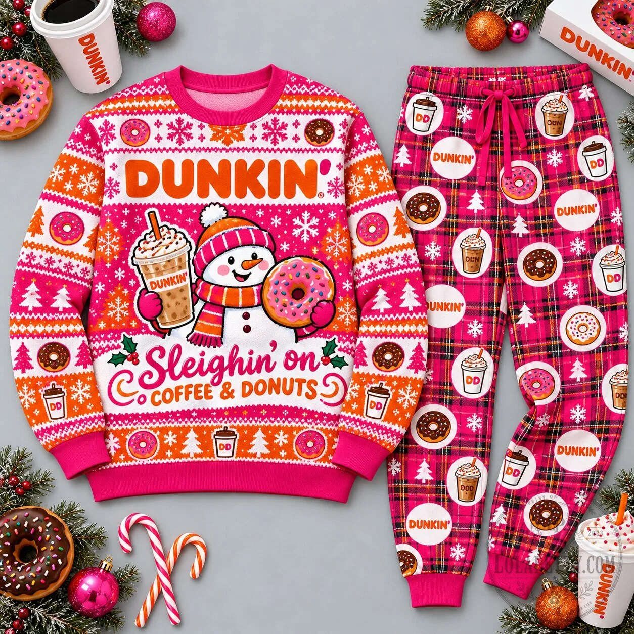 Dunkin' Donuts Christmas Pink Festive Graphic Sweatshirt and Jogger Pants Set 2 Dunkin' Donuts Christmas Pink Festive Graphic Sweatshirt and Jogger Pants Set