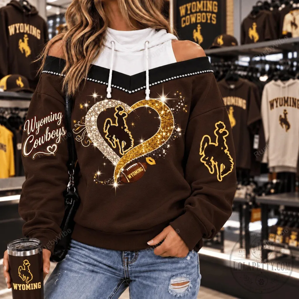 Wyoming Cowboys Football Glitter Heart Brown Hoodie Wyoming Cowboys Football Glitter Heart Brown Hoodie
