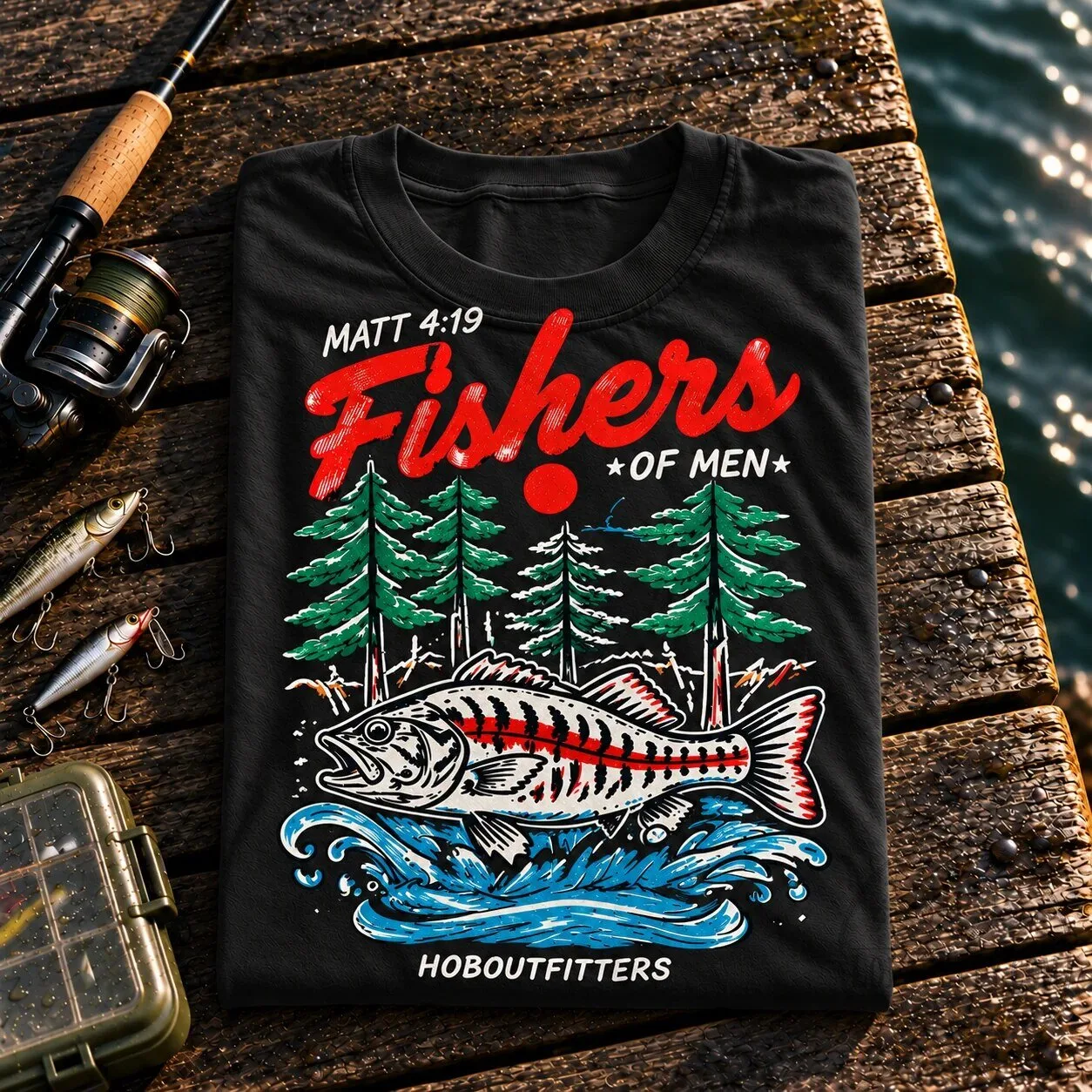 Fishers of Men Matthew 4:19 Christian Fishing Bass Graphic T-Shirt