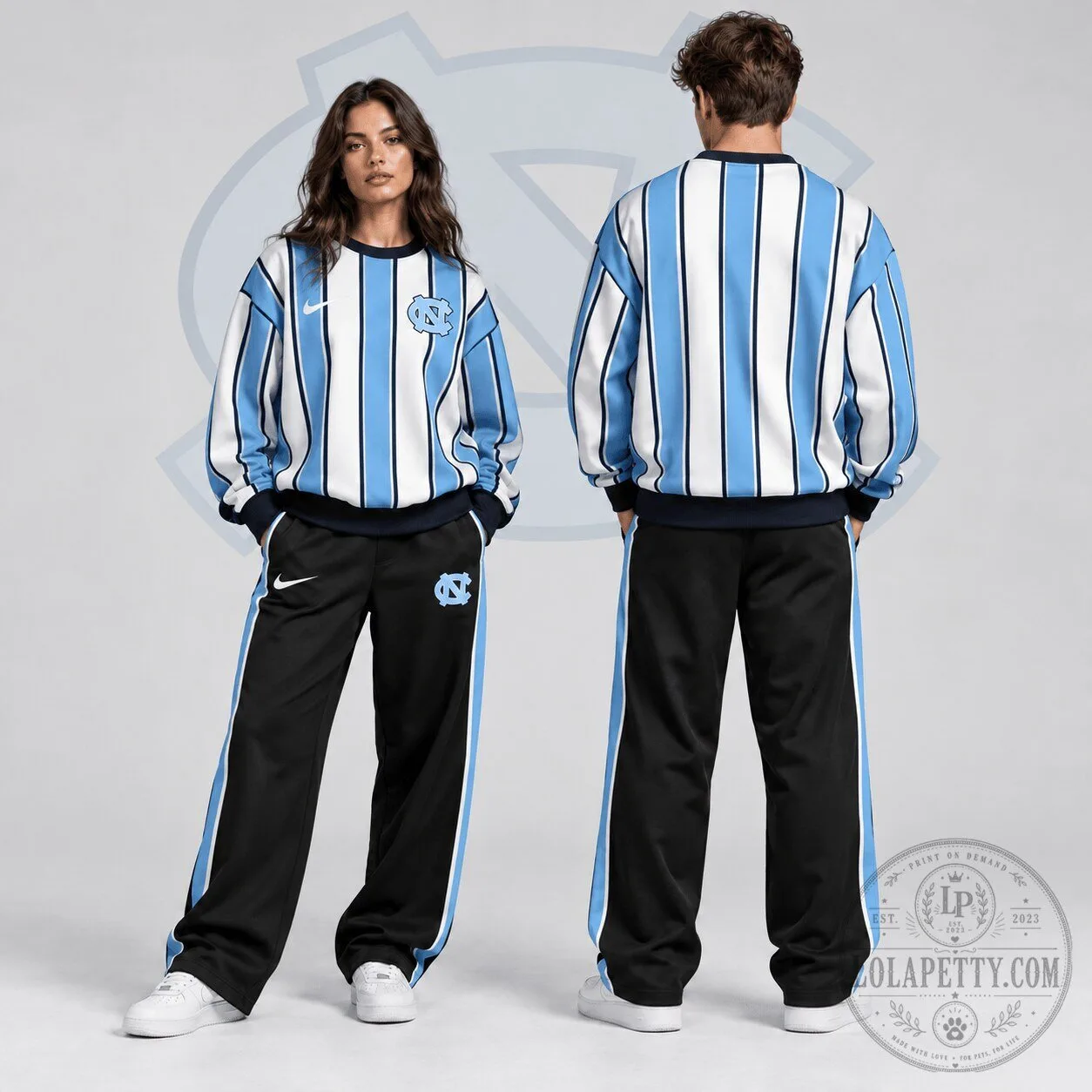 North Carolina Tar Heels | Premium NCAA Vertical Stripe Crewneck Sweatshirt & Wide Leg Track Pants Set NDN
