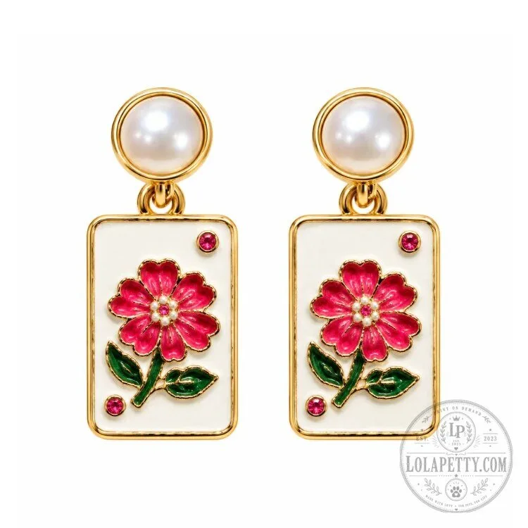 Elegant Pink Flower Enamel Gold Drop Earrings with Pearl Studs