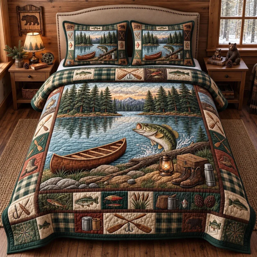 Rustic Bass Fishing Lake Scene Quilted Bedding Set with Pillow Shams Rustic Bass Fishing Lake Scene Quilted Bedding Set with Pillow Shams