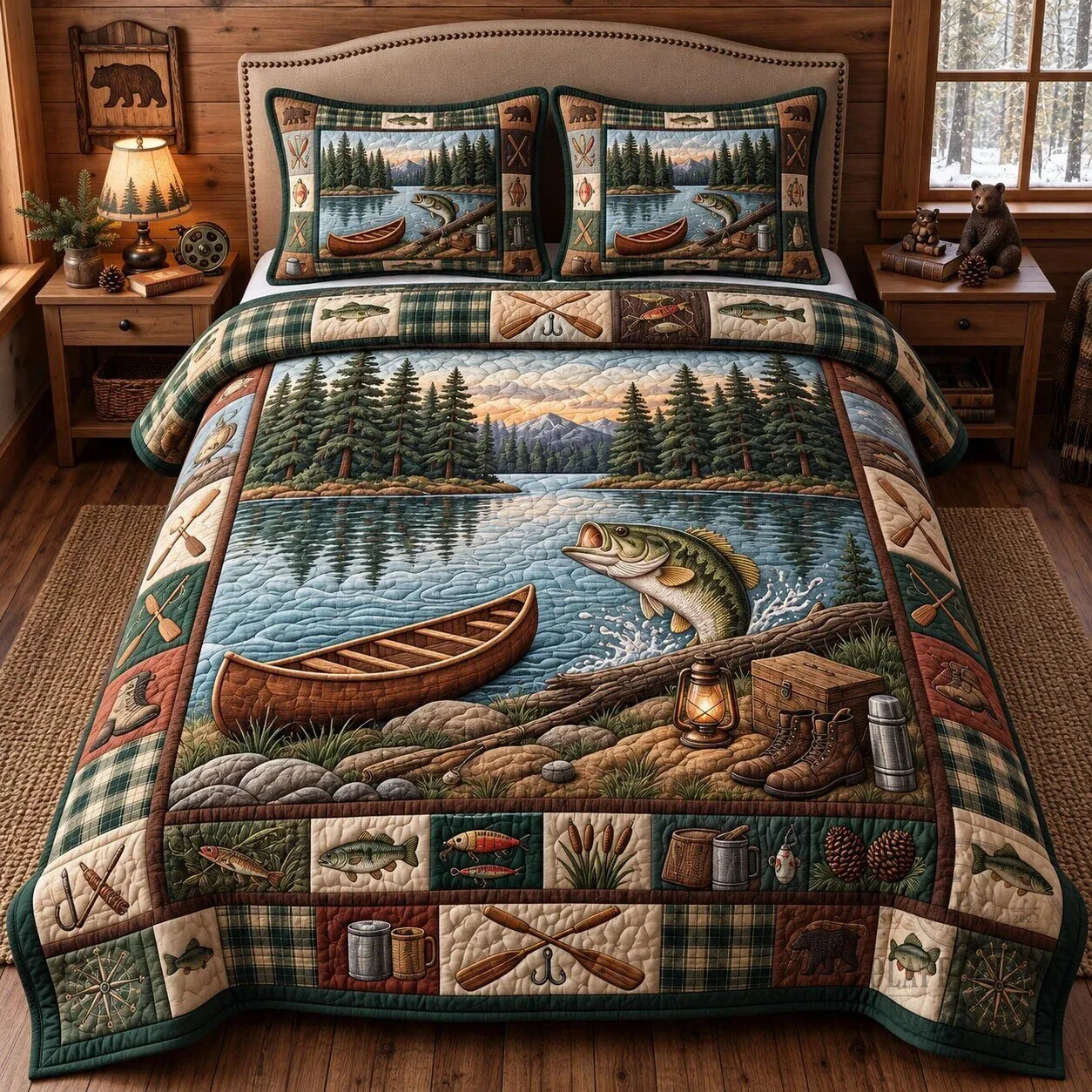 Rustic Bass Fishing Lake Scene Quilted Bedding Set with Pillow Shams