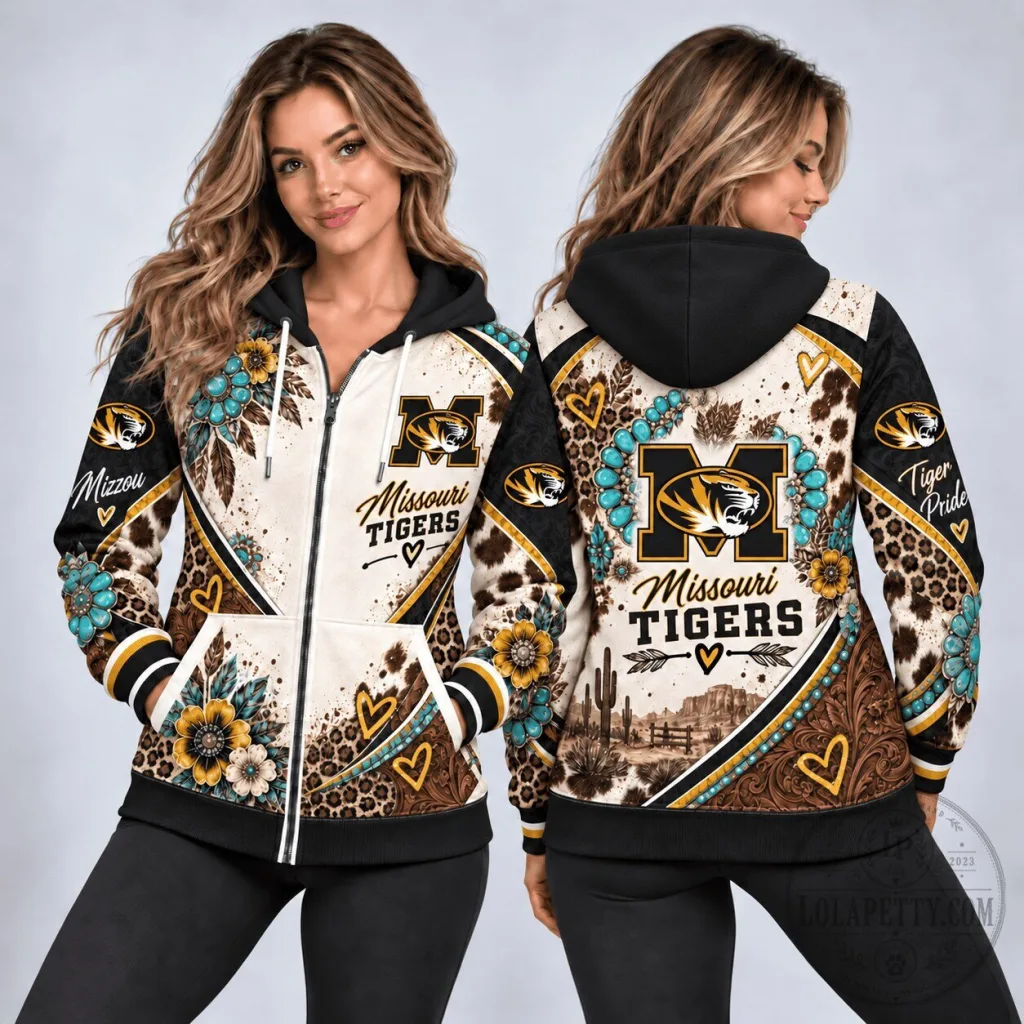 Missouri Tigers Western Boho Floral Leopard Print Full-Zip Hoodie for Women Missouri Tigers Western Boho Floral Leopard Print Full-Zip Hoodie for Women