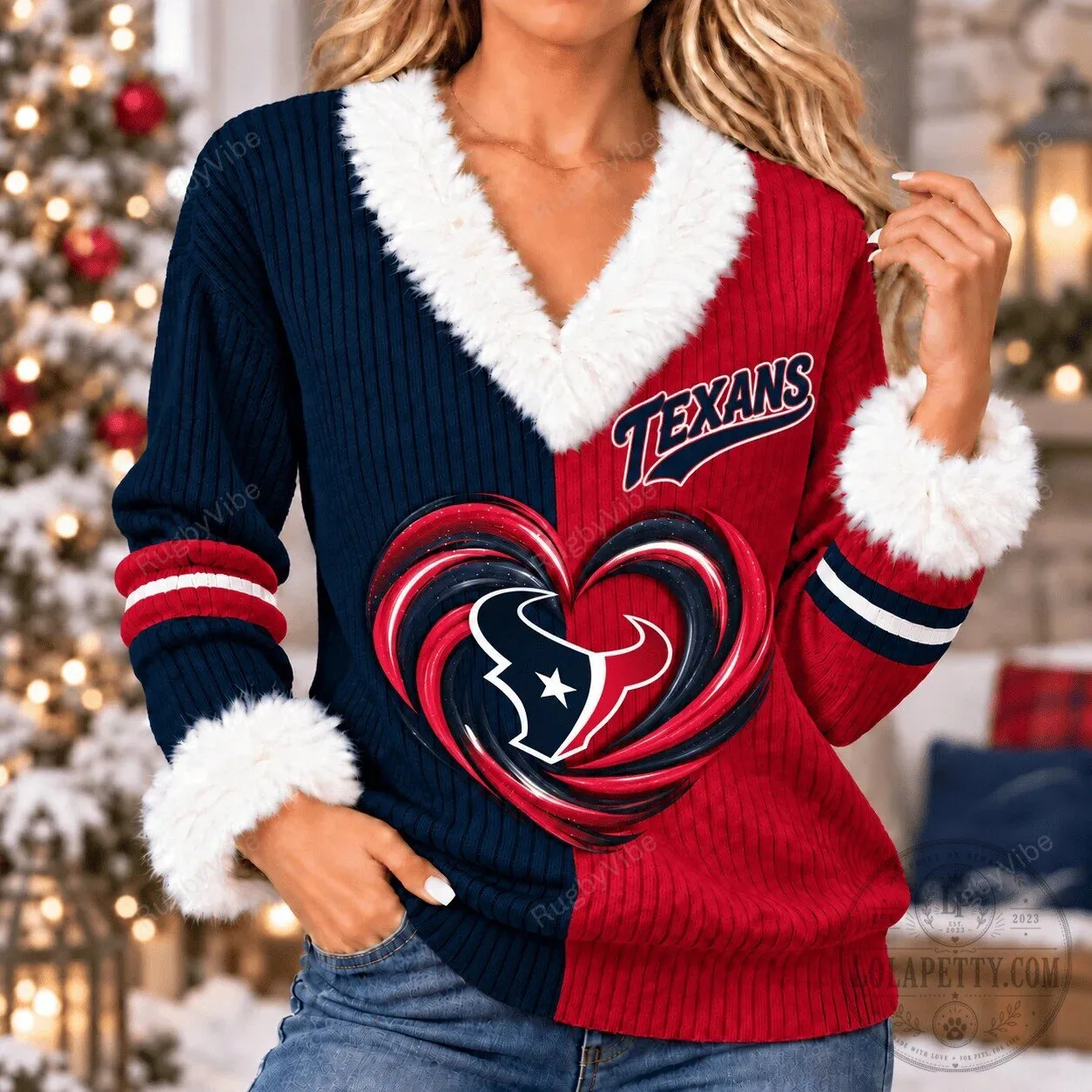 Houston Texans Christmas Heart Design Faux Fur Trim Knitted Sweater