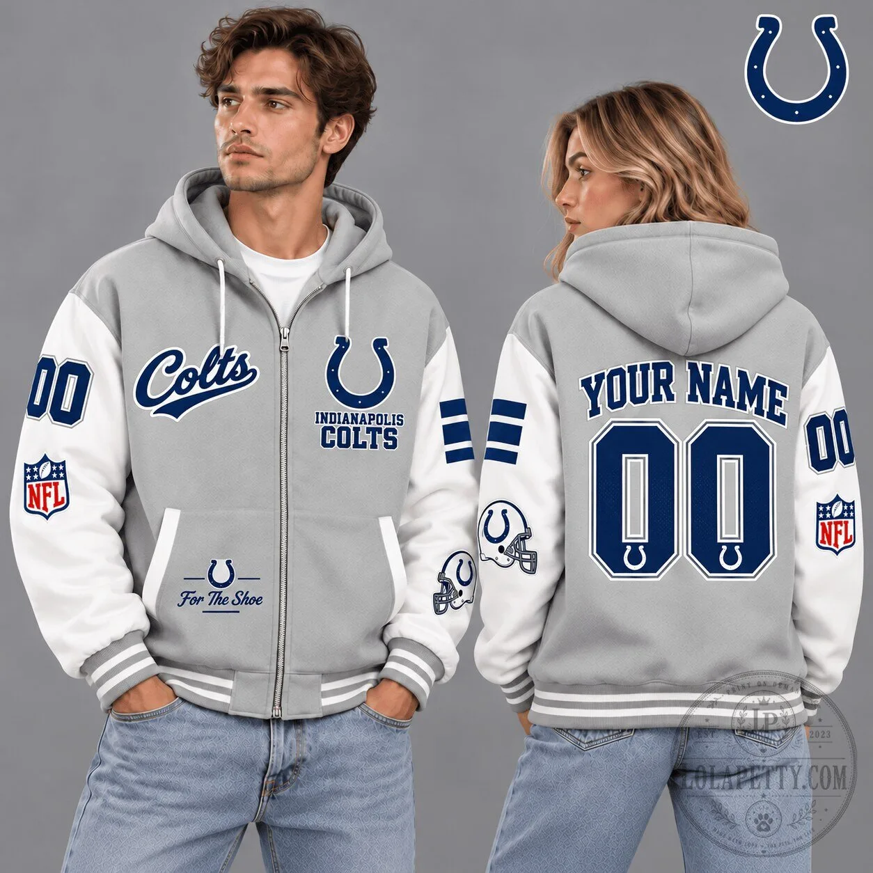 Indianapolis Colts NFL Vintage Varsity Gray Custom Name Number Zip Hoodie
