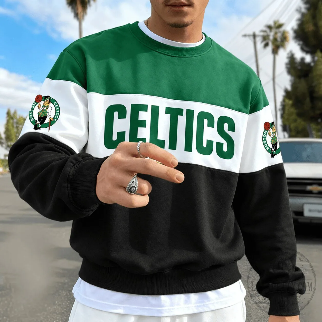 Boston Celtics NBA Basketball Team Green White Black Color Block Sweatshirt