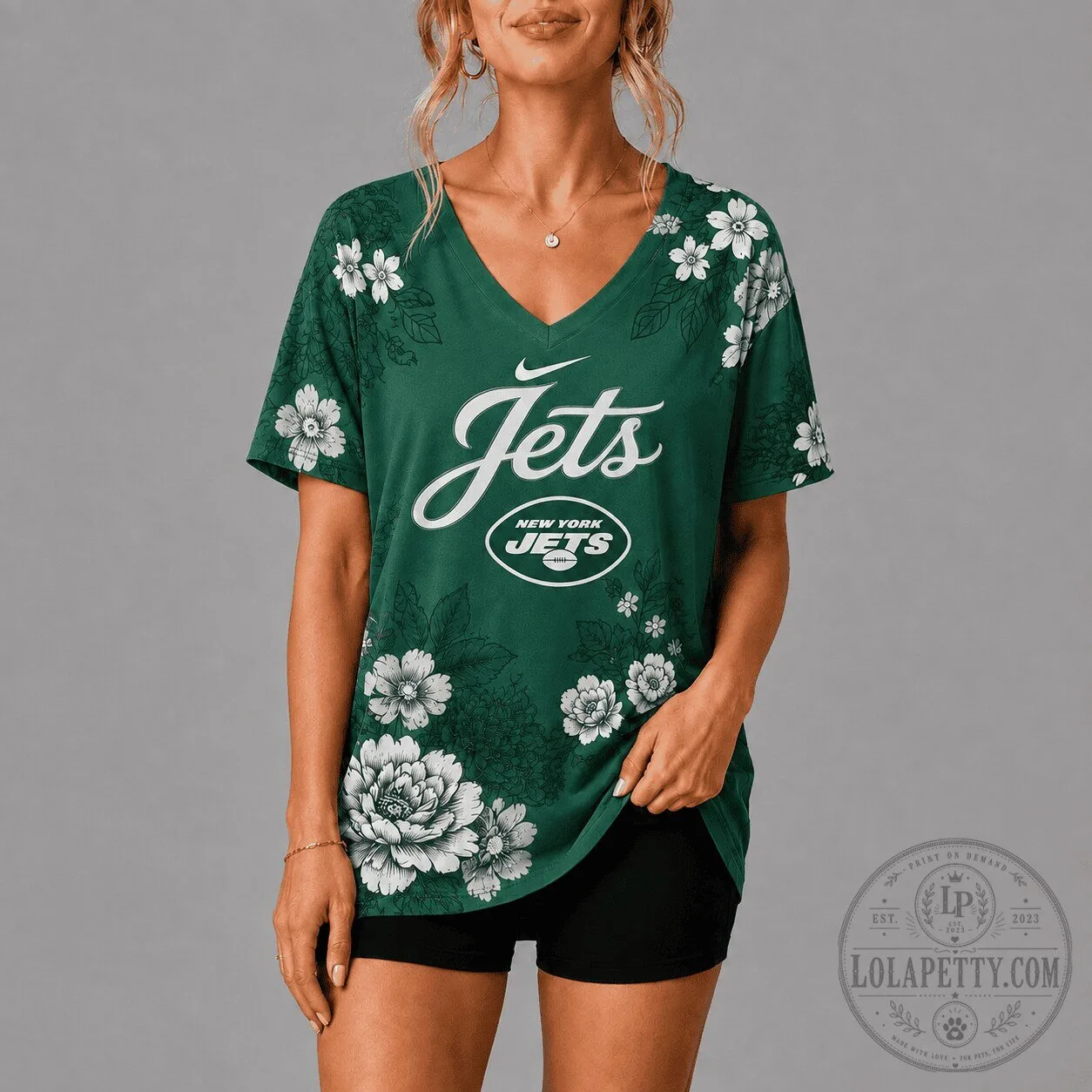 New York Jets Floral Game Day V-Neck Comfort T-Shirt for Women