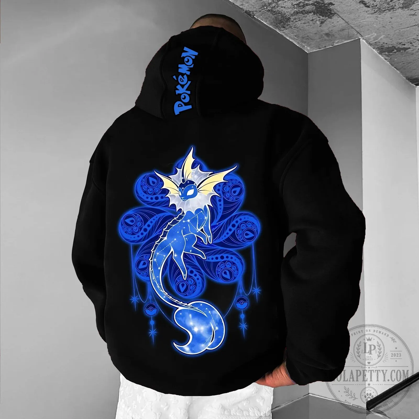 Vaporeon Pokémon Blue Neon Art Unisex Graphic Black Hoodie