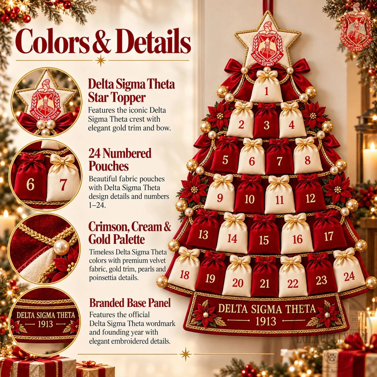 Christmas Tree Advent Calendar for Delta Sigma Theta Sorority Featuring 24 Pouches