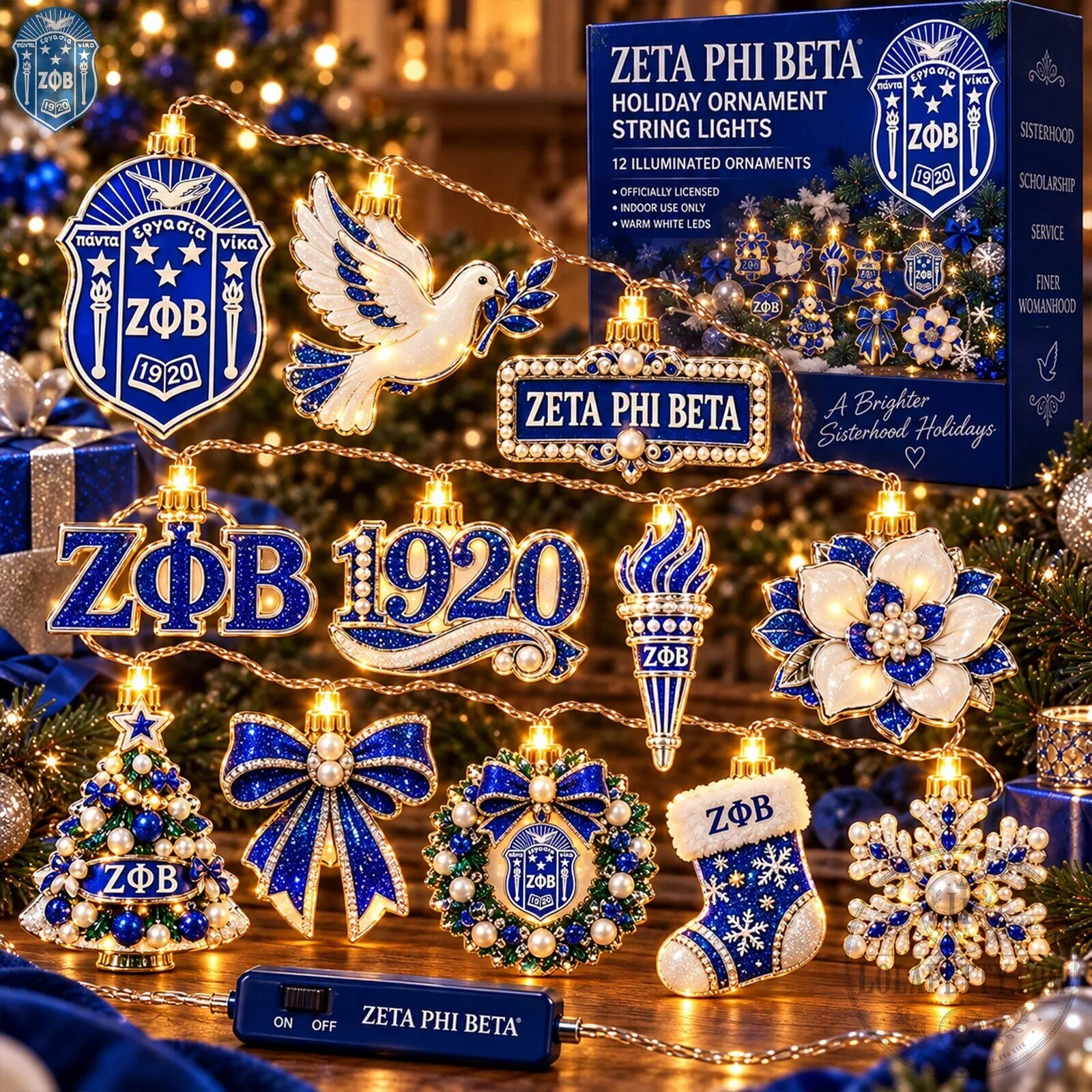 String Lights with Holiday Ornaments - Zeta Phi Beta