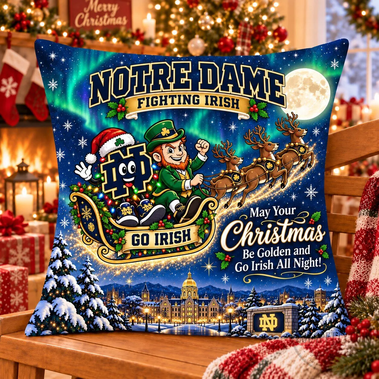 Notre Dame Fighting Irish Christmas Night Flight Decorative Pillow