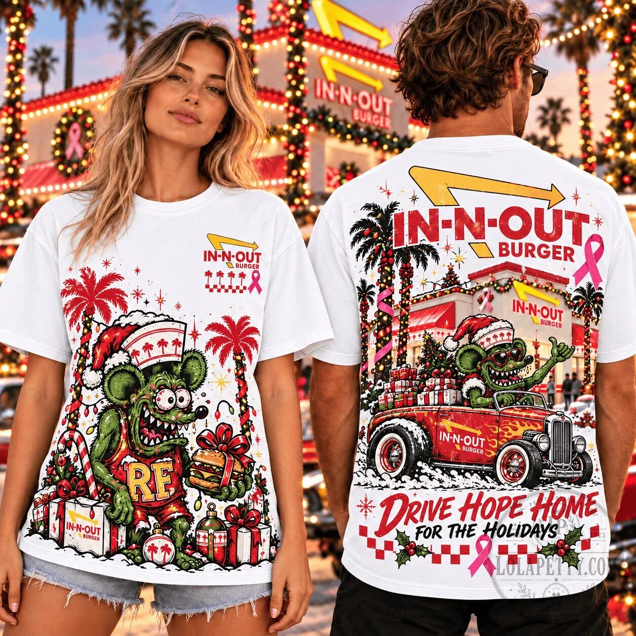 In-N-Out Burger Rat Fink Christmas Breast Cancer Awareness T-Shirt