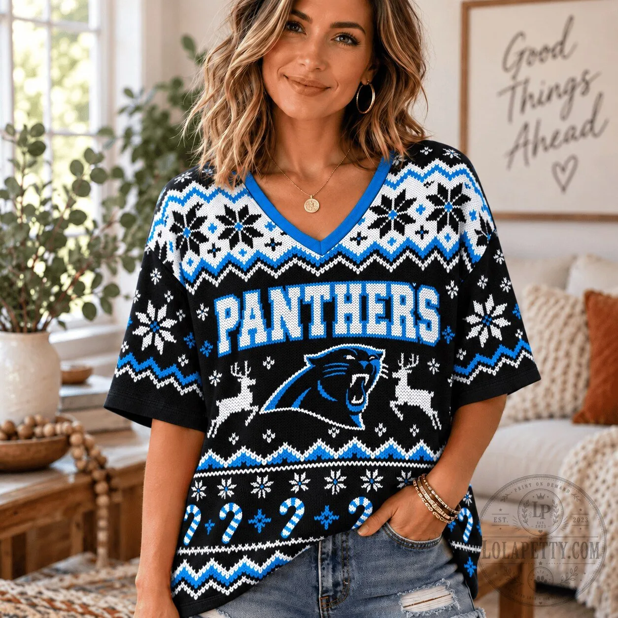 Carolina Panthers Christmas Ugly Sweater V-Neck Short Sleeve Top