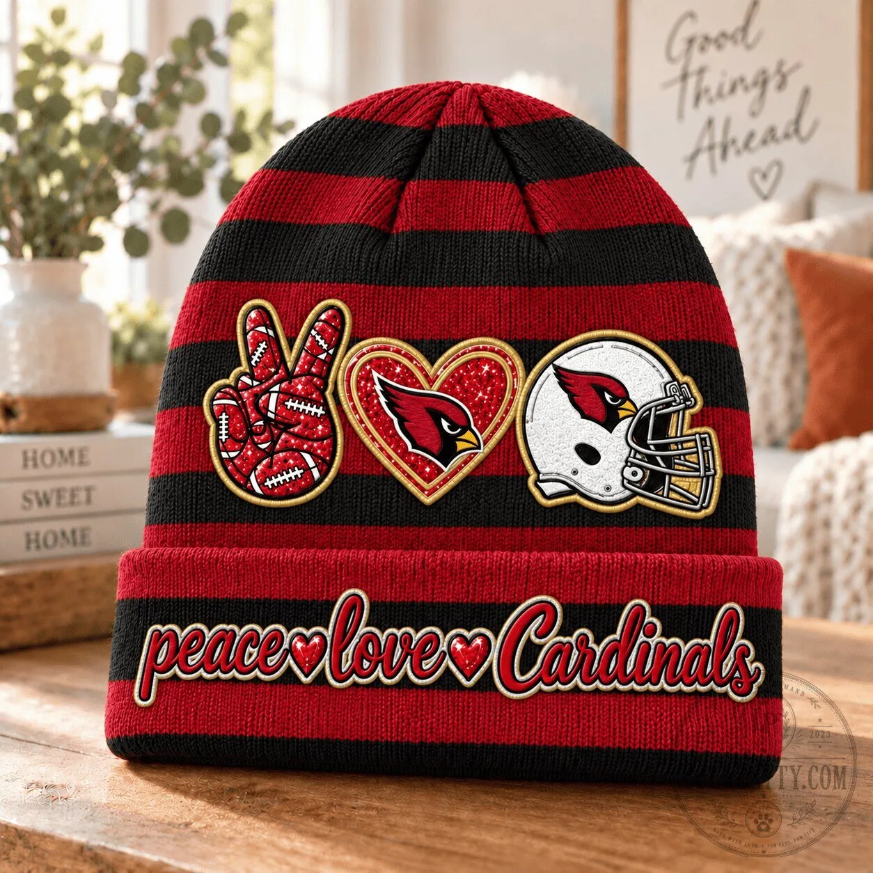 Arizona Cardinals Peace Love Cardinals Football Fan Beanie Hat