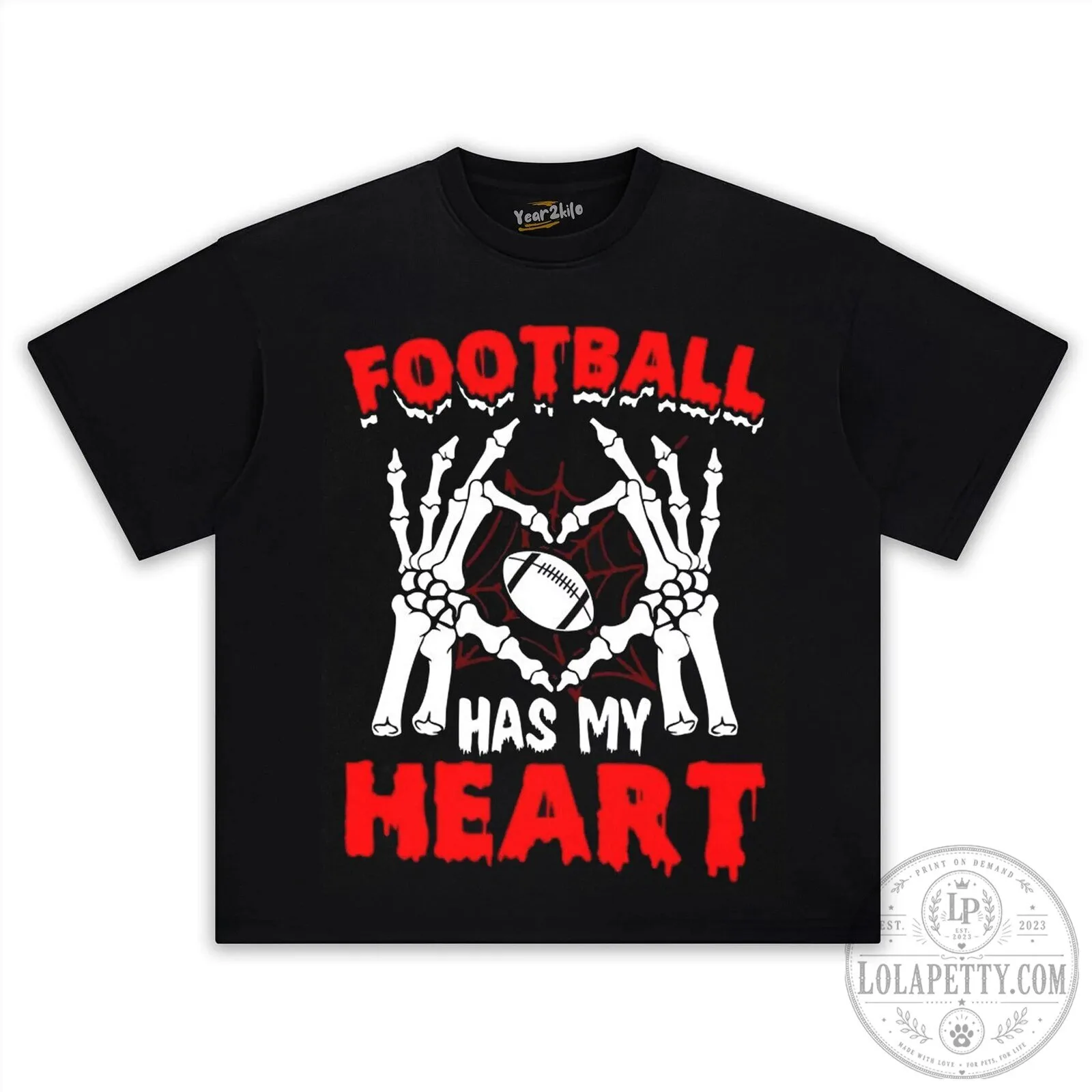 Football Has My Heart Skeleton Hands Graphic Black T-Shirt