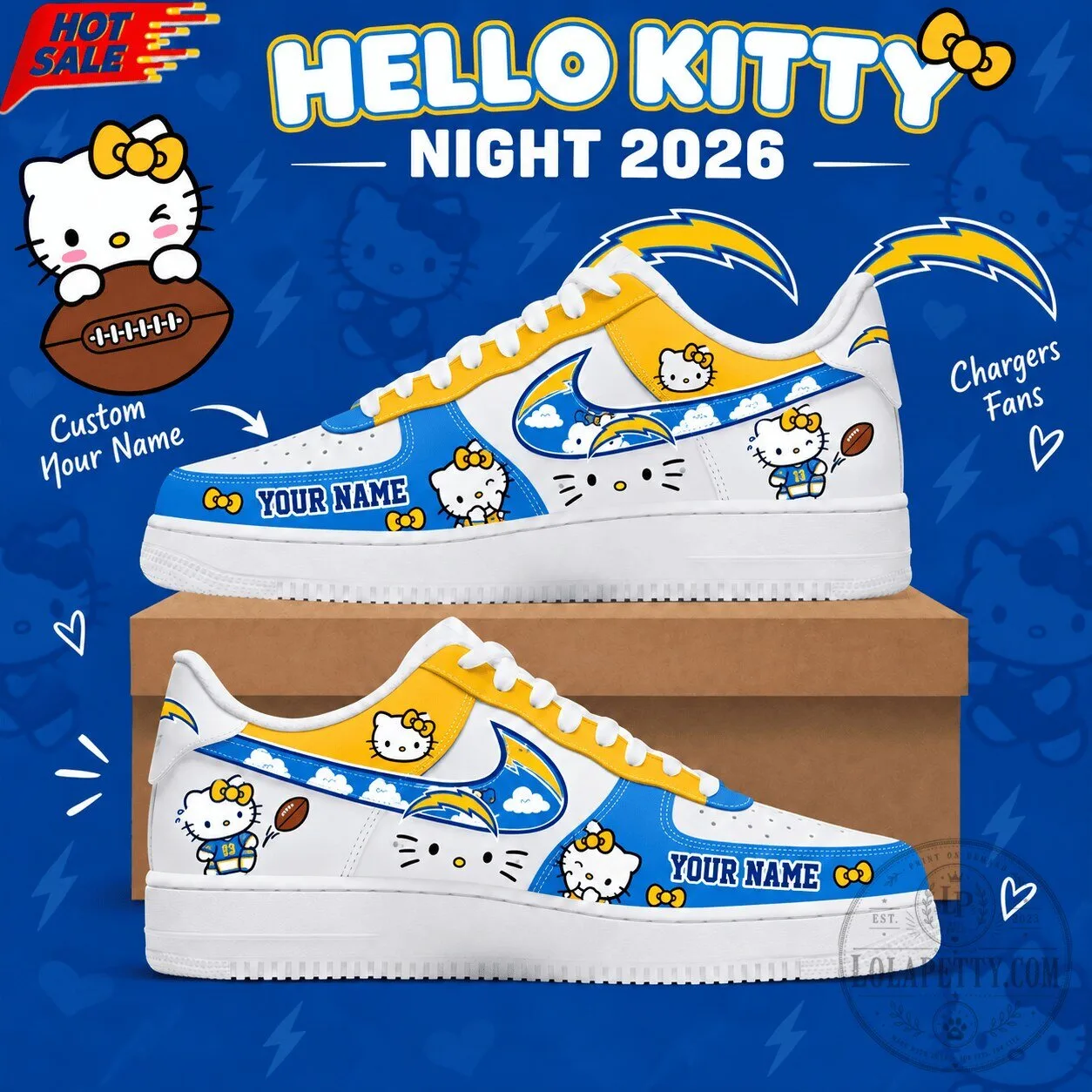 Los Angeles Chargers Hello Kitty Custom Name Low Top Sneakers